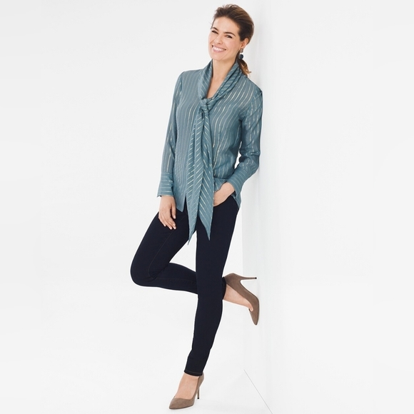 Chico's Black Label Silk-Blend Metallic Top Women's 2 Blue - Picture 3 of 10
